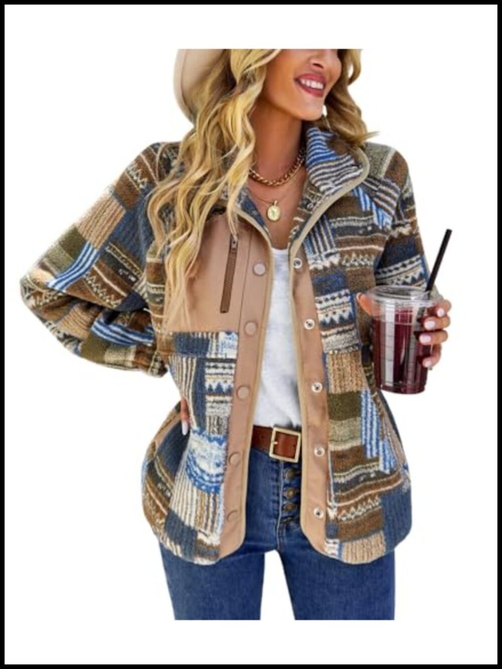 Women's Fleece Aztec Tribal Print Fuzzy Snap Jacket Lightweight Warm Coat